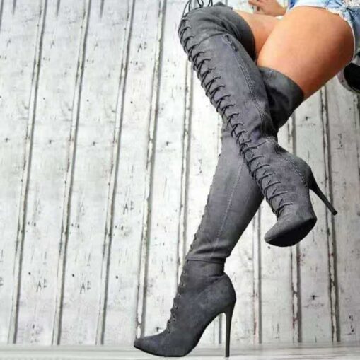 Women's Lace-Up Over-the-Knee Boots - Black & Burgundy Thigh-High Stiletto Heels for Winter Fashion and Night Out 2025 - Image 3