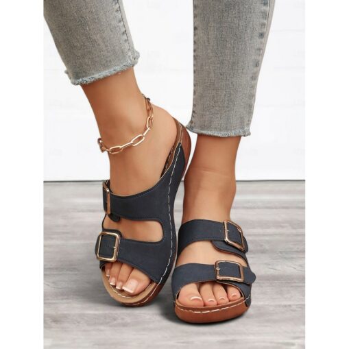 Women's Dark Blue Double Buckle Slip-On Sandals with Cushioned Sole, Casual Summer Shoes for Beach and Everyday Wear 2025 - Image 7