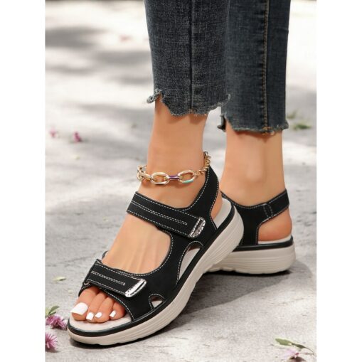 Women's Comfortable Gray Faux Leather Magic Tape Sporty Sandals with Cushioned Sole for Casual Outings 2025 - Image 3