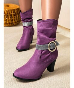 Women's Purple Faux Suede Ankle Boots with Glitter Strap and Gold Buckle, Stylish High Heel Booties for Parties and Evening Wear 2025