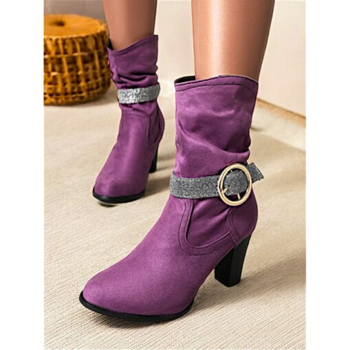 Women's Purple Faux Suede Ankle Boots with Glitter Strap and Gold Buckle, Stylish High Heel Booties for Parties and Evening Wear 2025