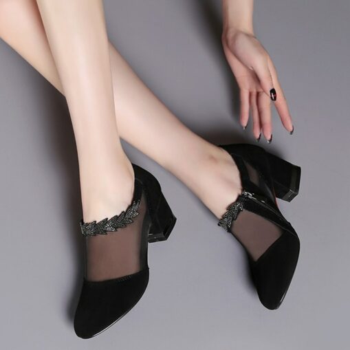 Black Women's Heels with Mesh Panels and Decorative Detailing for Elegant and Evening Wear 2025
