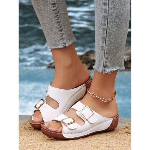Women's Dark Blue Double Buckle Slip-On Sandals with Cushioned Sole, Casual Summer Shoes for Beach and Everyday Wear 2025