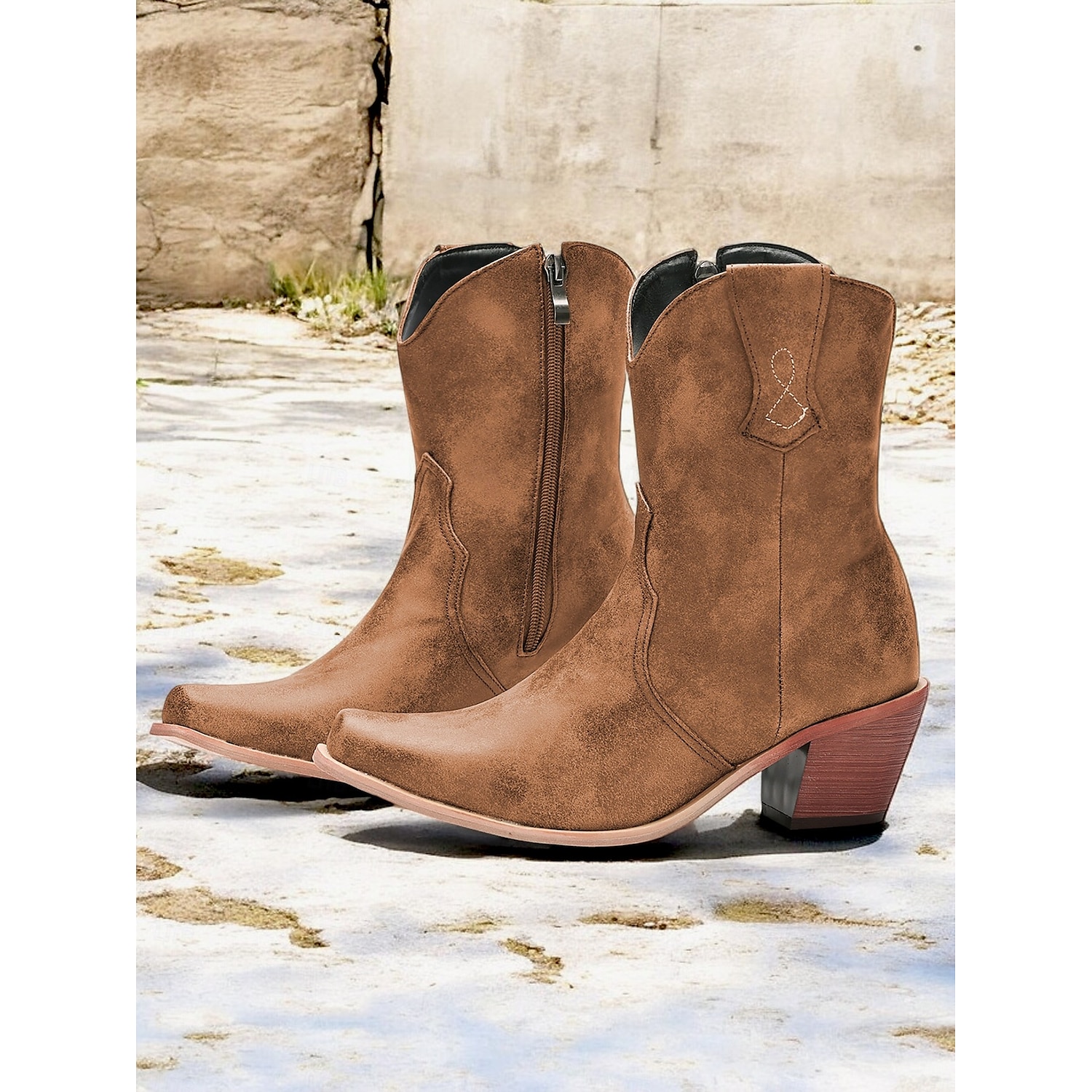 Women's Distressed Green Western Cowboy Boots with Zipper Closure – Stylish Mid-Heel Ankle Boots for Outdoor and Casual Wear 2025 - Image 2