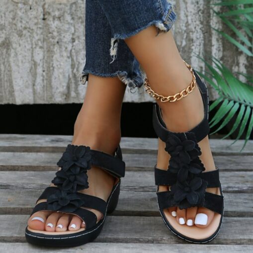 Women's Navy Blue Floral Sandals - Stylish Flat Shoes with Flower Accents for Casual Summer Wear 2025 - Image 2