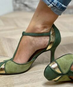 Women's Vintage Green & Gold Suede T-Strap Heels, Retro-Inspired Fashion Shoes for Special Occasions and Everyday Elegance 2025