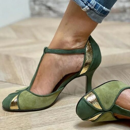 Women's Vintage Green & Gold Suede T-Strap Heels, Retro-Inspired Fashion Shoes for Special Occasions and Everyday Elegance 2025