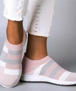 Women's Casual Slip-On Breathable Pink and Gray Striped Sneakers - Comfortable Walking Shoes 2025