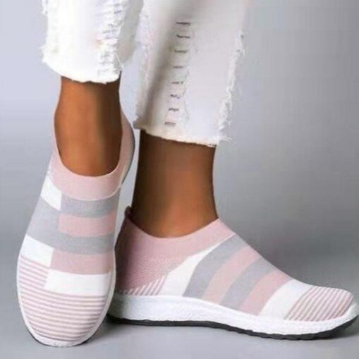 Women's Casual Slip-On Breathable Pink and Gray Striped Sneakers - Comfortable Walking Shoes 2025