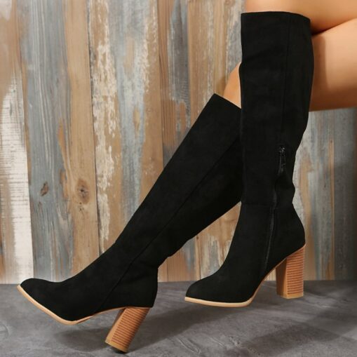 Women's Faux Suede Knee-High Boots - Stylish Block Heel Zip-Up Boots in Black and Brown for Fall and Winter 2025 - Image 2