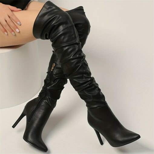 Women's Black Over-the-Knee Stiletto Heel Boots with Side Zipper, Sleek Sexy Style for Evening Wear and Parties 2025