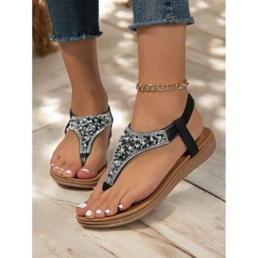 Black Rhinestone Embellished Thong Sandals for Women – Comfortable and Stylish Flat Sandals with Beaded Detailing, Perfect for Summer, Beach and Casua