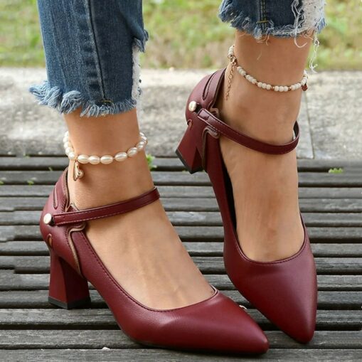 Elegant Women's Burgundy Mary Jane Block Heel Pumps with Adjustable Ankle Strap 2025