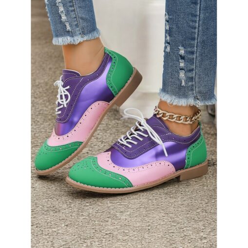 Women's Multicolor Oxford Shoes, Retro Wingtip Design with Green, Pink, and Purple Panels, Casual Lace-Up Brogues for Fashion and Daily Wear 2025 - Image 2