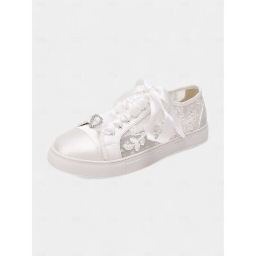 Champagne Satin Bridal Sneakers with Lace Details and Rhinestone Heart Charm - Comfortable Wedding Shoes for Women 2025 - Image 2