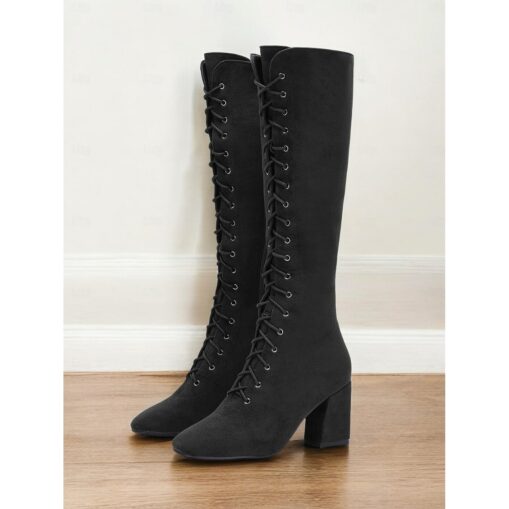 Women's Red Knee-High Lace-Up Boots with Block Heels & Plush Lining – Warm Winter Fashion Boots for Casual and Dressy Outfits 2025 - Image 4