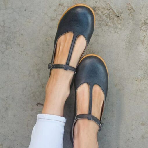Women's Red Leather T-Strap Flats with Buckle Closure - Vintage-Inspired Casual Shoes 2025 - Image 3