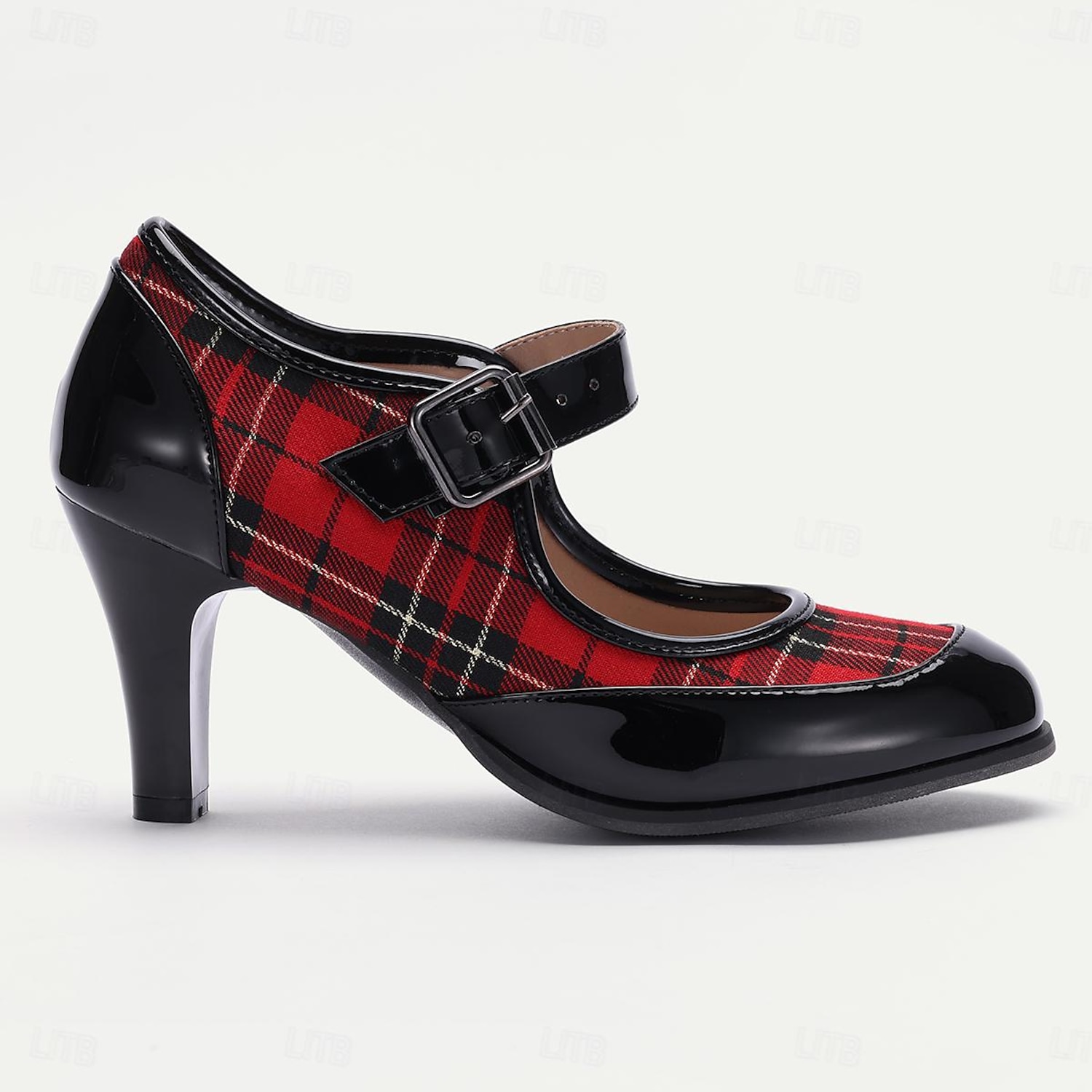 Women's Red Plaid Mary Jane Heels - Stylish Retro Shoes with Buckle Strap for Casual and Party Wear 2025