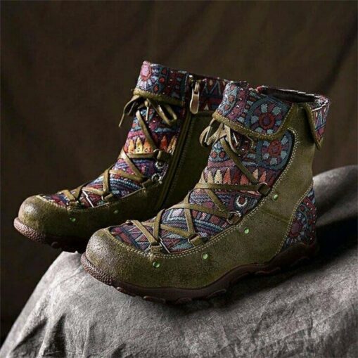 Women's Ethnic Style Lace-Up Ankle Boots with Multicolor Tribal Pattern and Suede Accents, Comfortable Casual Footwear for Outdoor Adventures 2025 - Image 4