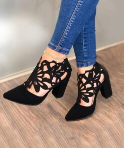 Women's Black Cutout Block Heel Pumps – Stylish Pointed Toe Shoes with Floral Design for Parties or Evening Wear 2025
