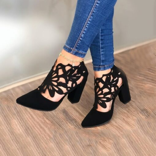 Women's Black Cutout Block Heel Pumps – Stylish Pointed Toe Shoes with Floral Design for Parties or Evening Wear 2025