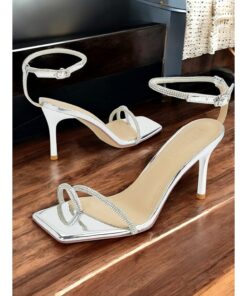 Silver Rhinestone Ankle Strap High Heel Sandals - Metallic Stiletto Party Heels for Women 2025
