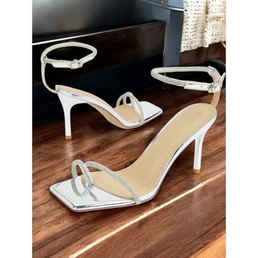 Silver Rhinestone Ankle Strap High Heel Sandals - Metallic Stiletto Party Heels for Women 2025