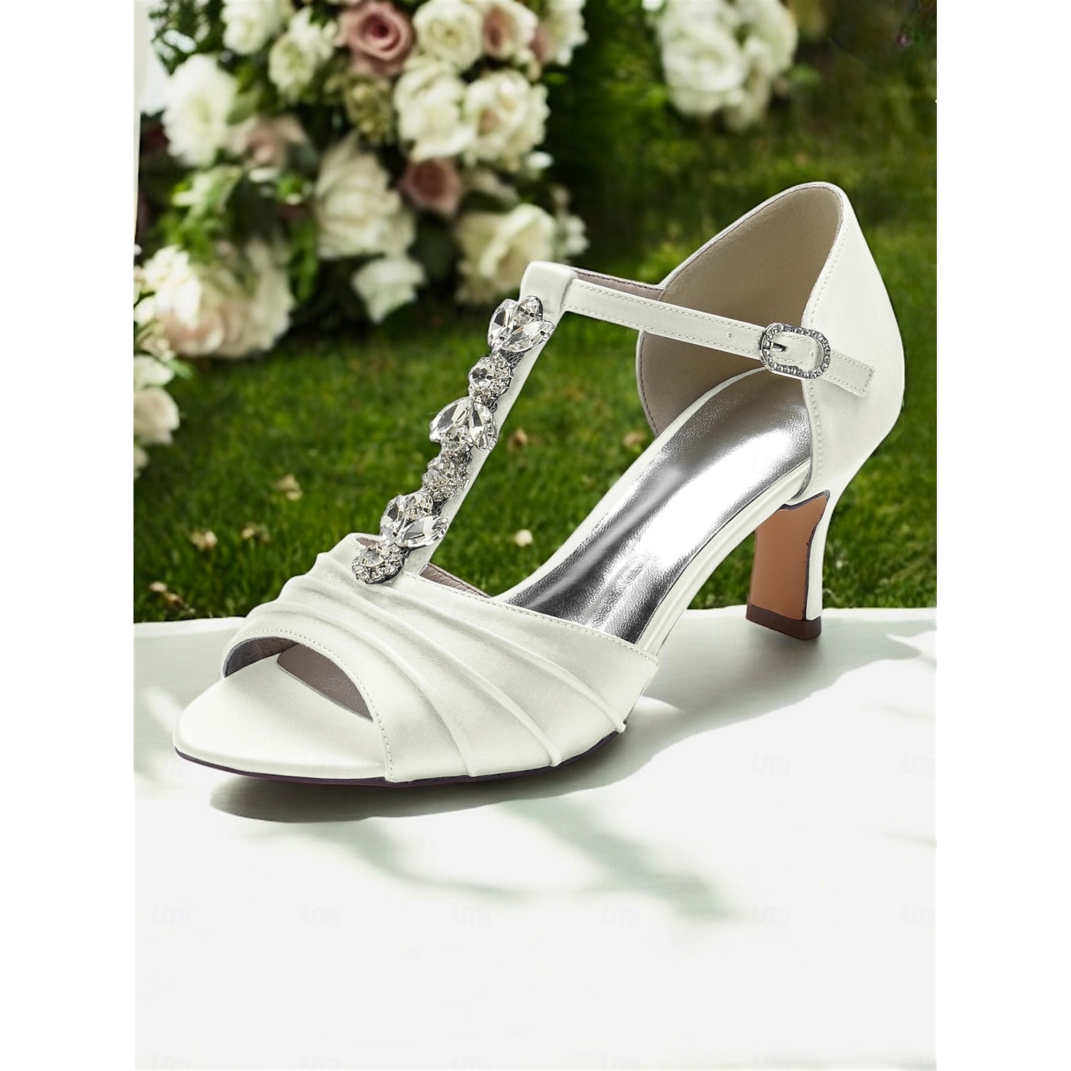 White Satin Open-Toe Bridal Heels with Crystal Detail – Elegant Wedding Shoes for Brides 2025