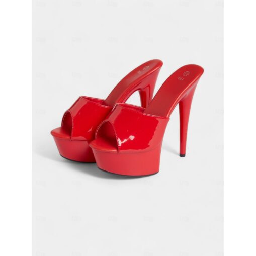 Women's Red Patent Leather Platform High Heels with Open-Toe Design – Sexy Stiletto Mules for Parties and Clubwear 2025