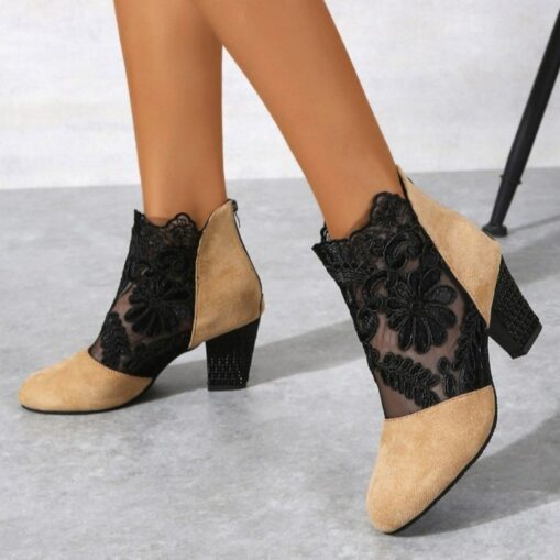 Women's Black Lace Embroidered Ankle Boots with Block Heel - Elegant Footwear for Evening Events 2025 - Image 3