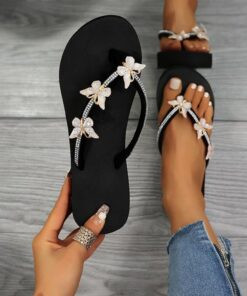 Women's Flip Flops Ladies Wedge Sandals Summer Comfortable Soft Slippers Platform Sandals Flat Slides Shoes Butterfly Rhinestone Thong Straps Clip Toe