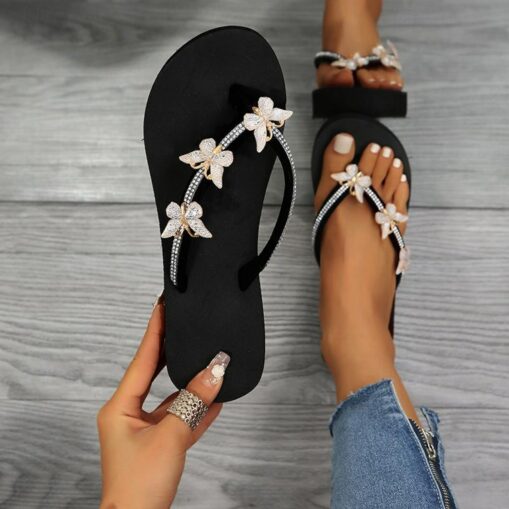 Women's Flip Flops Ladies Wedge Sandals Summer Comfortable Soft Slippers Platform Sandals Flat Slides Shoes Butterfly Rhinestone Thong Straps Clip Toe