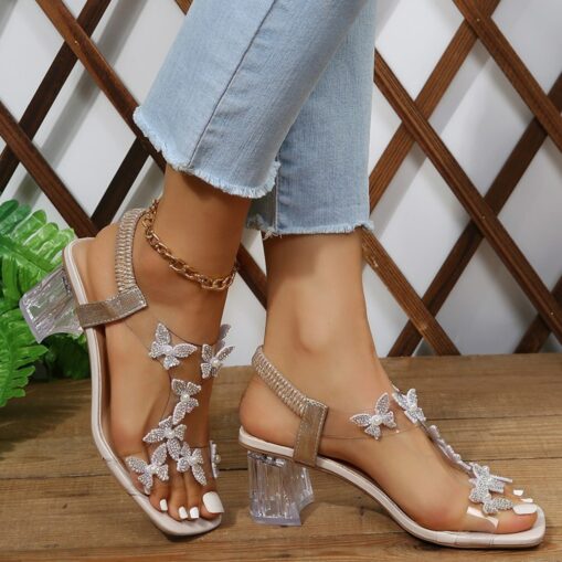 Women's Rhinestone Floral Embellished Clear Heel Sandals – Elegant Open-Toe High Heel Shoes for Weddings and Special Occasions 2025 - Image 3