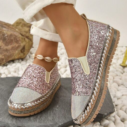 Women's Glitter Slip-On Loafers – Sparkly Rhinestone Embellished Platform Shoes for Casual Wear and Summer Outings 2025 - Image 2