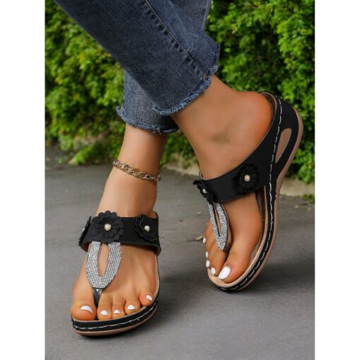Women's Burgundy Floral Embellished T-Strap Sandals with Rhinestone Accents – Comfortable Summer Footwear for Casual and Beach Outings 2025 - Image 4