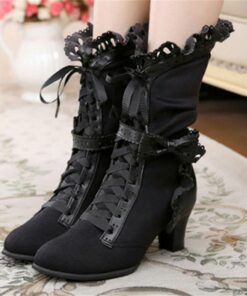 Women's Victorian Gothic Lace-Up Ankle Boots with Bow and Ruffle Trim – Gatsby-Inspired Elegant Boots for Cosplay, Costume Parties, and Vintage Fashio