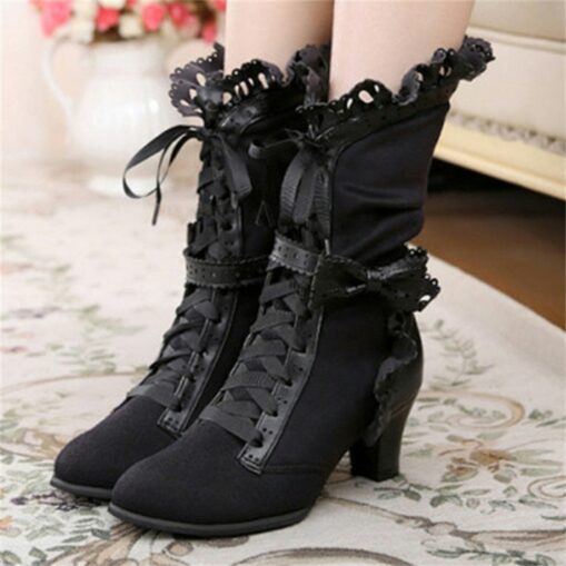 Women's Victorian Gothic Lace-Up Ankle Boots with Bow and Ruffle Trim – Gatsby-Inspired Elegant Boots for Cosplay, Costume Parties, and Vintage Fashio
