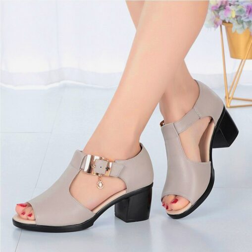 Women's Open-Toe Chunky Heel Sandals - Elegant Black Faux Leather Shoes with Decorative Buckle for Summer Parties or Formal Occasions 2025 - Image 2