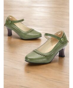 Women's Vintage Green Faux Leather Mary Jane Heels with Scalloped Edge and Button Detail - Comfortable Low Heels for Work, Formal Events and Retro St