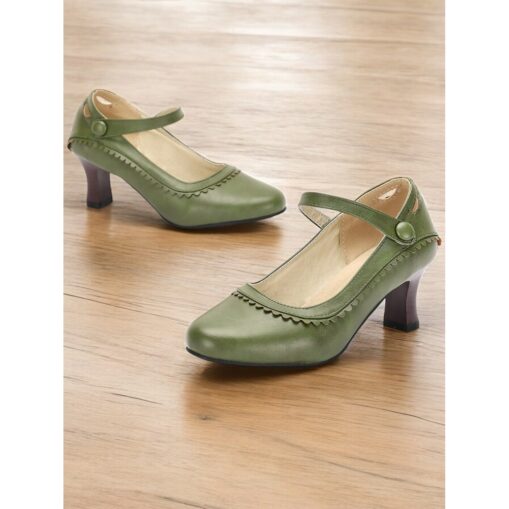Women's Vintage Green Faux Leather Mary Jane Heels with Scalloped Edge and Button Detail - Comfortable Low Heels for Work, Formal Events and Retro St