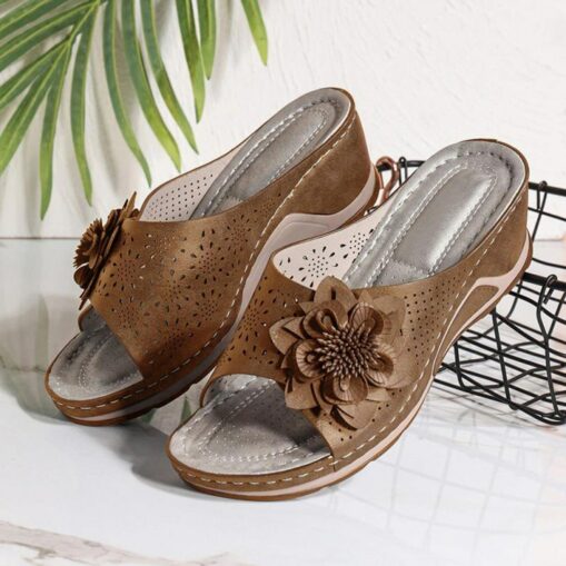 Women's Open-Toe Slip-On Wedge Sandals with Floral Decoration – Breathable, Comfortable, and Stylish for Casual Summer Wear 2025 - Image 5