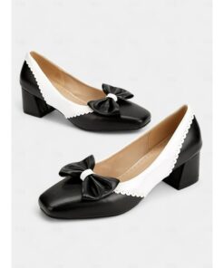 Women's Black and White Block Heel Pumps with Bow Detail – Vintage-Inspired Low-Heel Shoes for Office, Casual, and Dressy Occasions 2025
