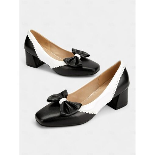 Women's Black and White Block Heel Pumps with Bow Detail – Vintage-Inspired Low-Heel Shoes for Office, Casual, and Dressy Occasions 2025
