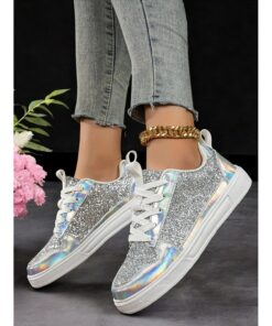 Women's Glitter and Holographic Lace-Up Sneakers with Comfortable Sole – Trendy Casual Shoes for Parties, Night Out, and Everyday Wear 2025
