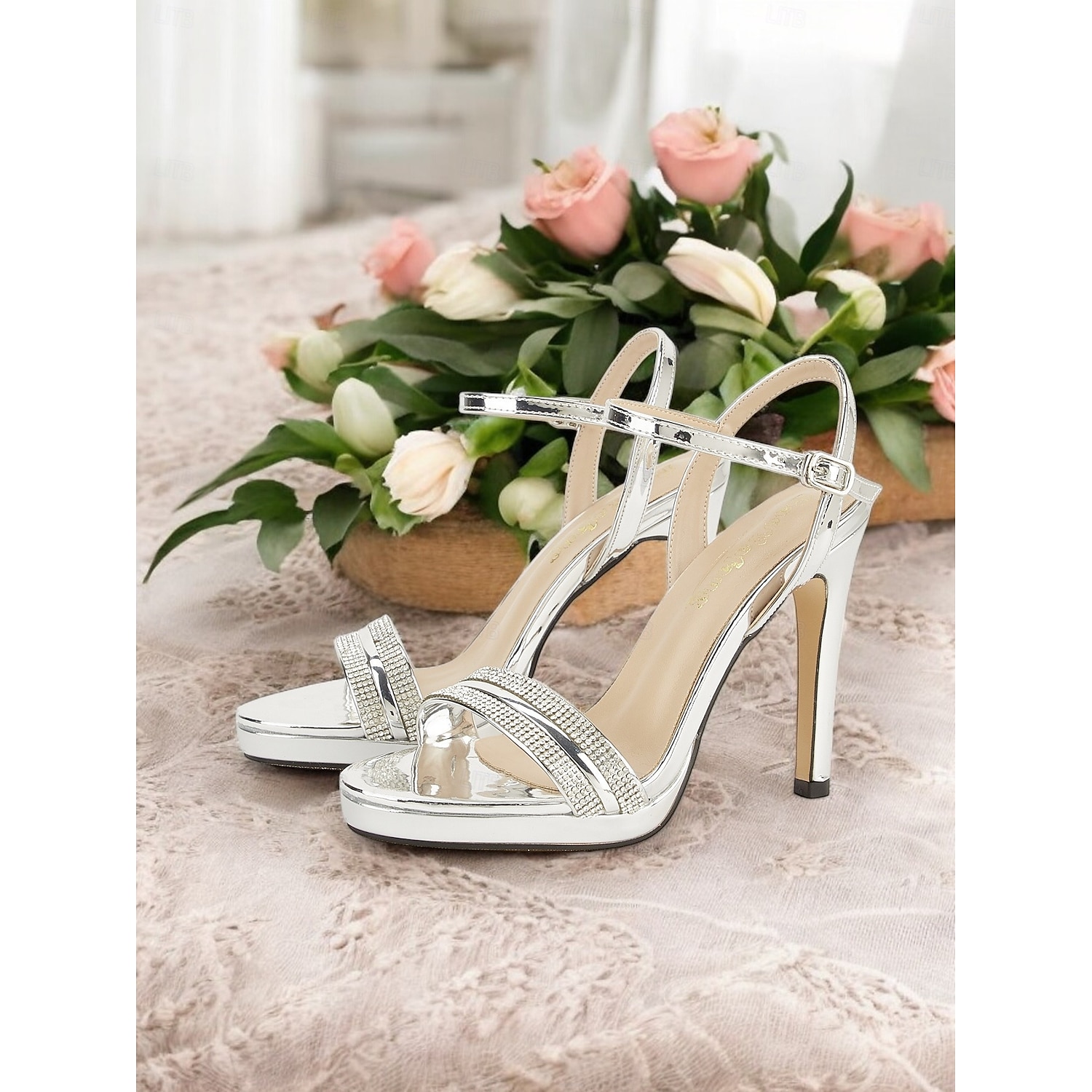 Silver Rhinestone-Embellished Stiletto Heel Wedding Sandals for Women – Elegant Open-Toe Bridal 2025