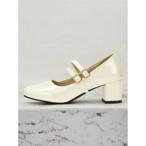 Women's Cream Patent Leather Mary Jane Block Heels with Double Buckle Straps, Vintage-Inspired for Formal and Casual Wear 2025 - Image 3