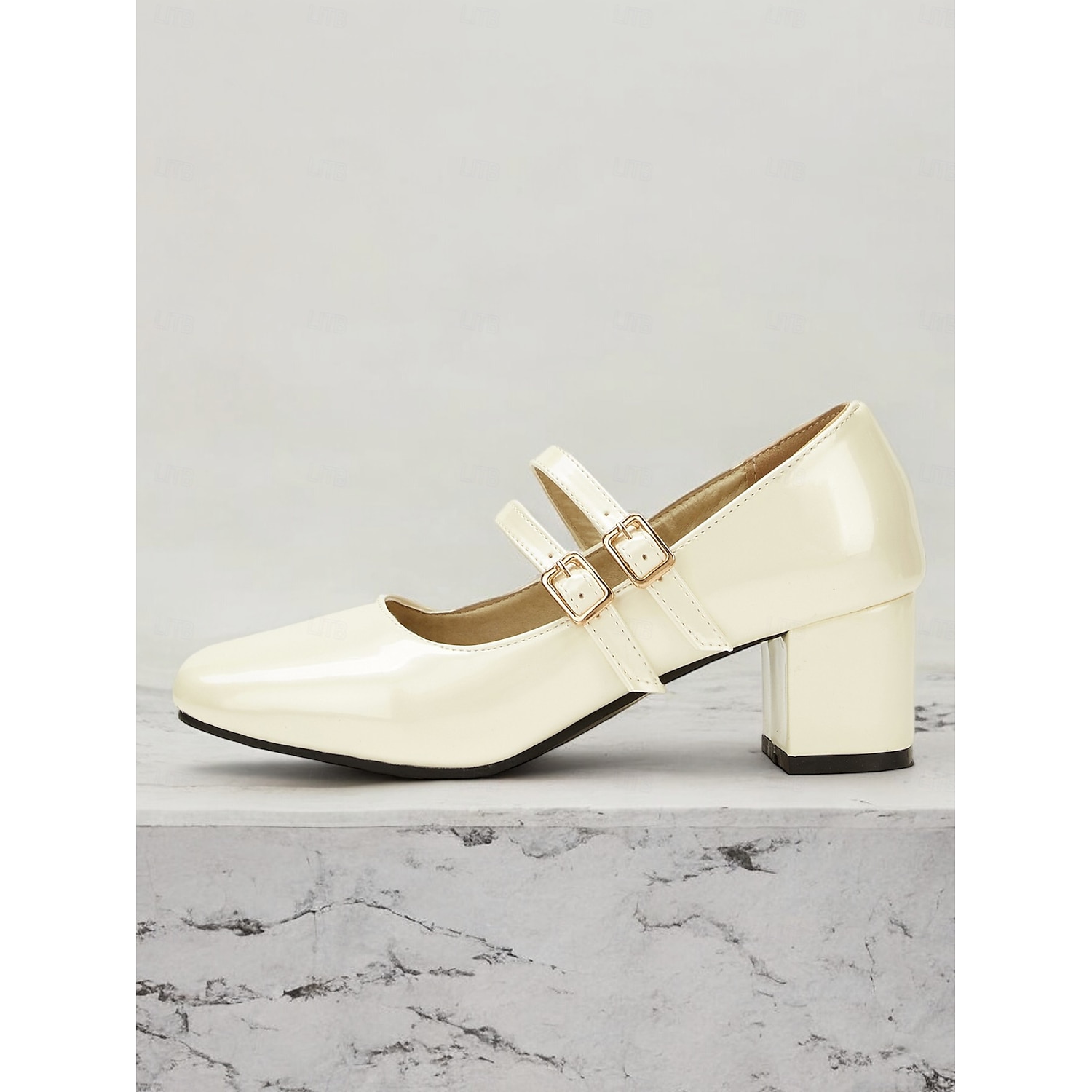 Women's Cream Patent Leather Mary Jane Block Heels with Double Buckle Straps, Vintage-Inspired for Formal and Casual Wear 2025 - Image 3