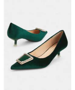 Women's Green Velvet Pointed Toe Kitten Heels with Rhinestone Buckle – Elegant Pumps for Formal Events and Parties 2025