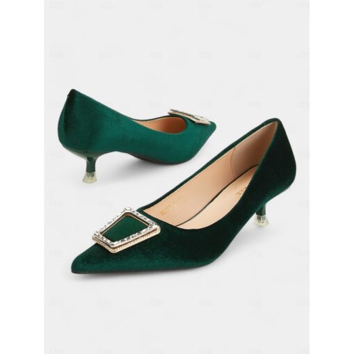 Women's Green Velvet Pointed Toe Kitten Heels with Rhinestone Buckle – Elegant Pumps for Formal Events and Parties 2025