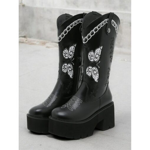 Women's Black Platform Western Cowboy Boots – Embroidered Butterfly Design with Chunky Heel and Side Zipper for Vintage and Modern Styling 2025